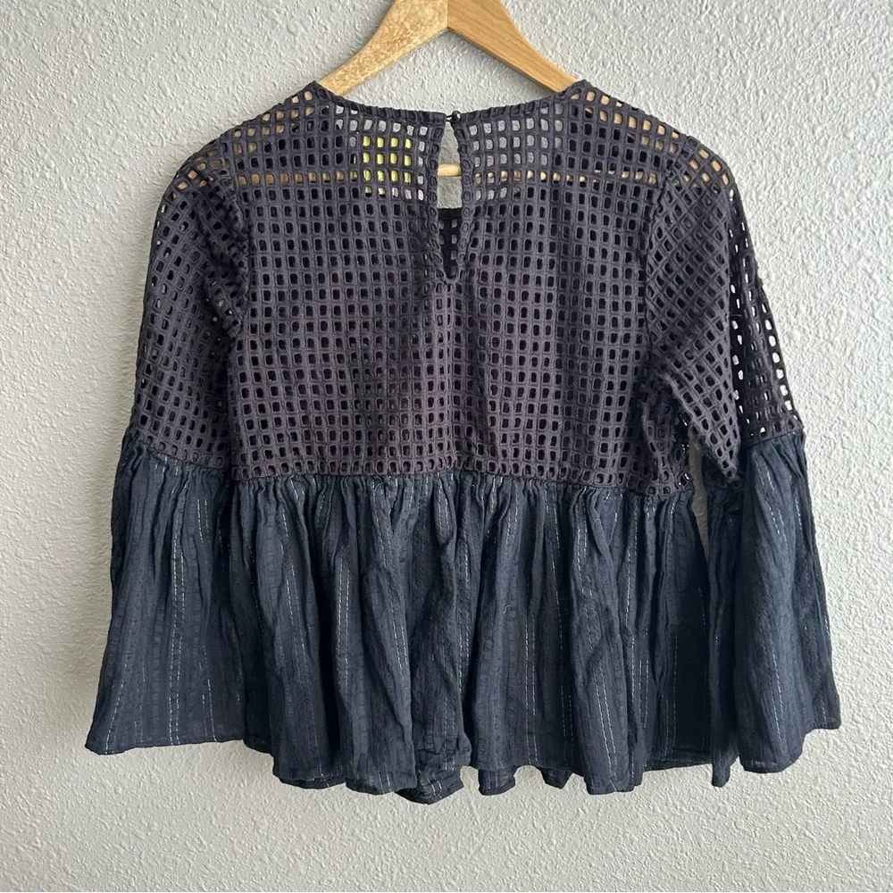 Anthropologie Maeve‎ Black Alameda Bell Sleeve Beaded 100% Cotton Blouse